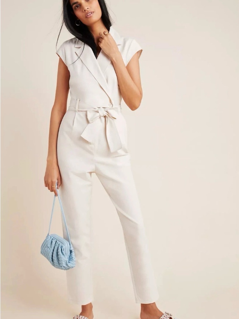 Anthropologie Eliza Cream Sleeveless Tailored Belted Jumpsuit Size 0
